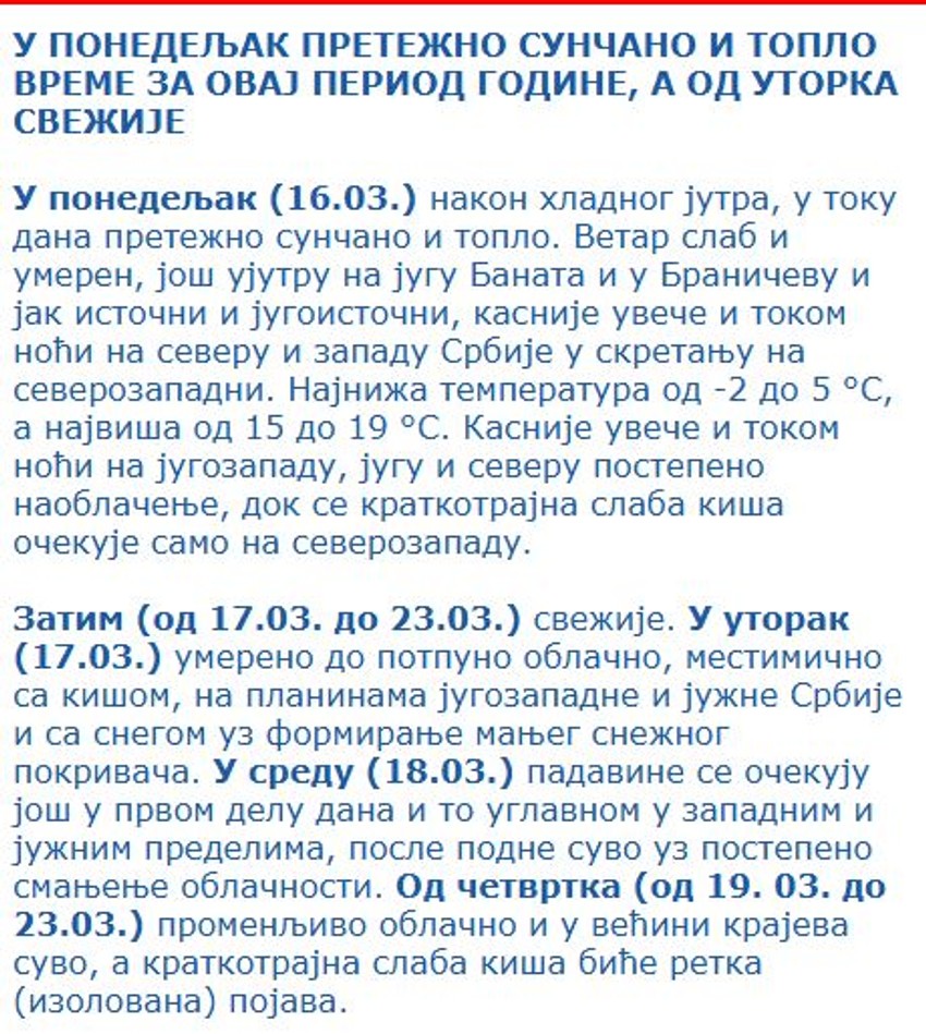 Vremenska prognoza za narednu sedmicu