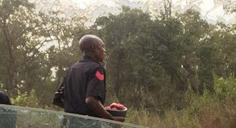 A policeman holds a helmet filled with onions.