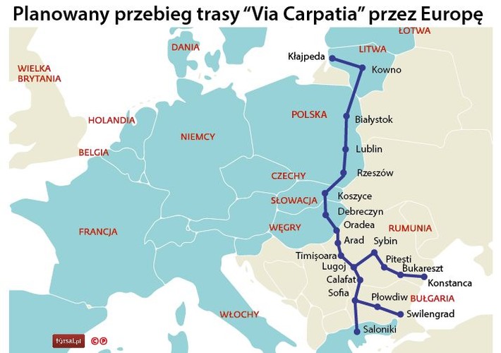 Trasa Via Carpatia w Europie. <br>Czytaj też<a href='http://forsal.pl/artykuly/960418,zmiana-trasy-via-carpatia-jej-przebieg-bedzie-przeanalizowany.html' style='color: blue'> Zmiana trasy Via Carpatia? 'Jej przebieg będzie przeanalizowany'</a>