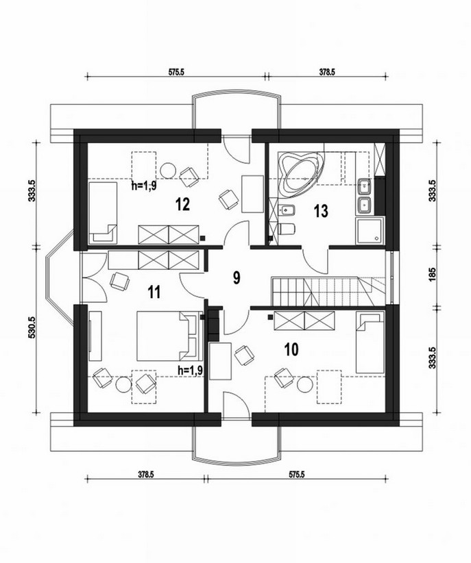 Mały dom z poddaszem. Układ pomieszczeń - poddasze. 60,20 m kw (76,30 m kw) 
