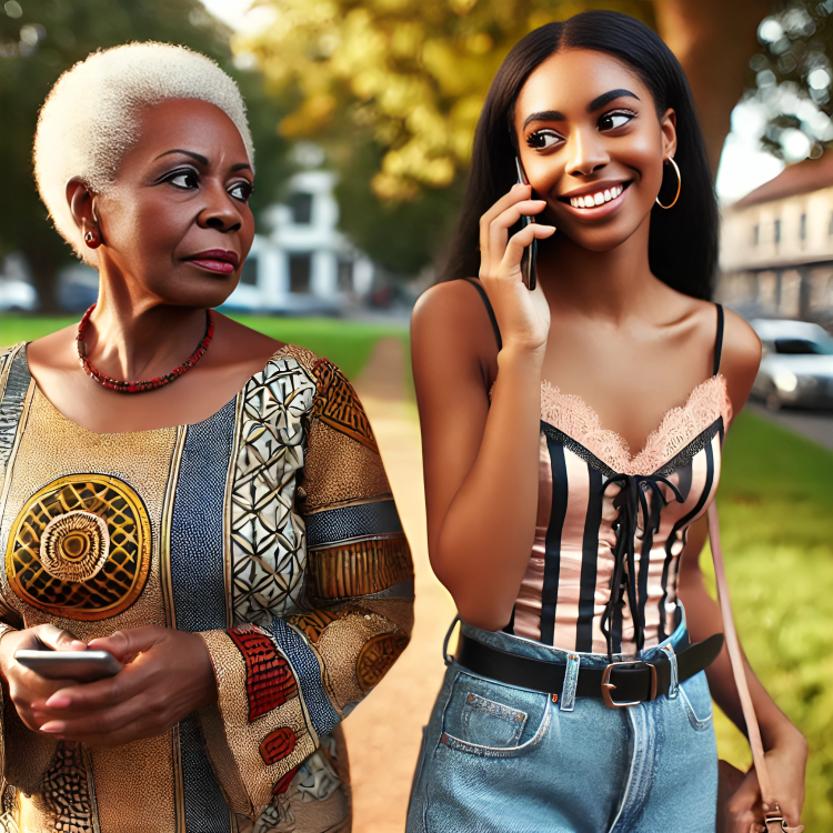 A scene showing a jealous African mother and her adult daughter walking together in a park The mother, in her early 60s, looks enviously at her daugh