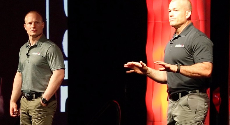 Former Navy SEALs Leif Babin, left, and Jocko Willink speak at the Muster event in New York City in May 2017.