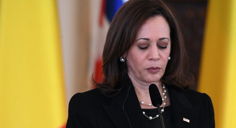 US Vice President Kamala Harris holds a joint press conference following her meeting with Romanian President Klaus Iohannis at Cotroceni Palace in Otopeni, Romania, Friday, March 11, 2022.