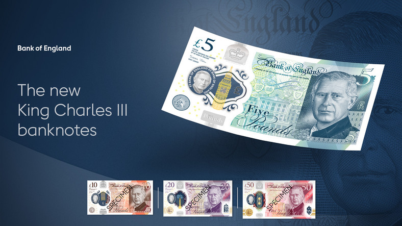 Funt brytyjski - nowe wzory banknotów z wizerunkiem króla Karola III. Źródło: Materiały prasowe Bank of England