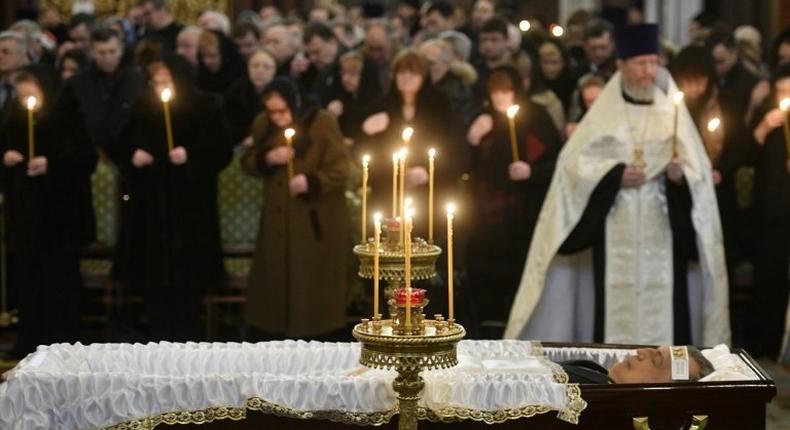 The casket of slain Russian ambassador to Turkey Andrei Karlov is pictured during his funeral ceremony in Moscow on December 22, 2016