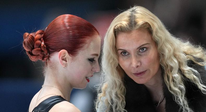 Coach Eteri Tutberidze with skater Alexandra Trusova at the Russian Figure Skating Championships in 2021.