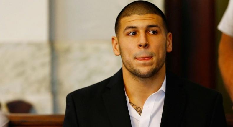 Aaron Hernandez sitting in the courtroom of the Attleboro District Court during his hearing in North Attleboro, Massachusetts in August 2013