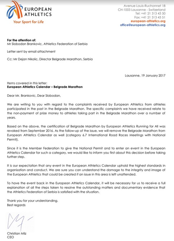 Drugi dopis iz sedišta IAAF koji je stigao 19. januara 2017.