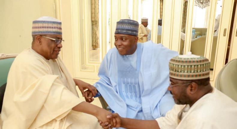 Former President Ibrahim Babangida (L), Bukola Saraki (M)