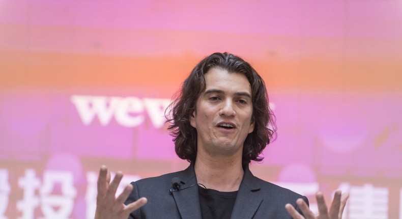 Adam Neumann, co-founder and chief executive officer of WeWork, speaks during a signing ceremony at WeWork Weihai Road flagship on April 12, 2018 in Shanghai, China. World's leading co-working space company WeWork will acquire China-based rival naked Hub for 400 million U.S. dollars.