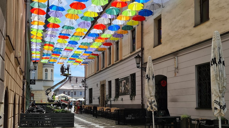 Tęczowe parasolki na ul. Bankowej w Pszczynie