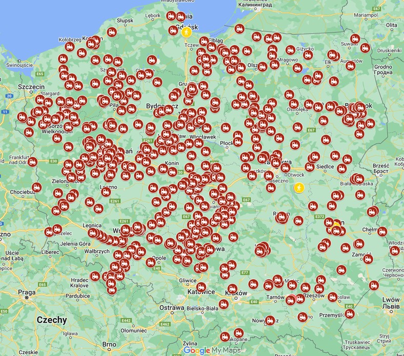 Mapa protestu rolników 20 marca 2024 r.