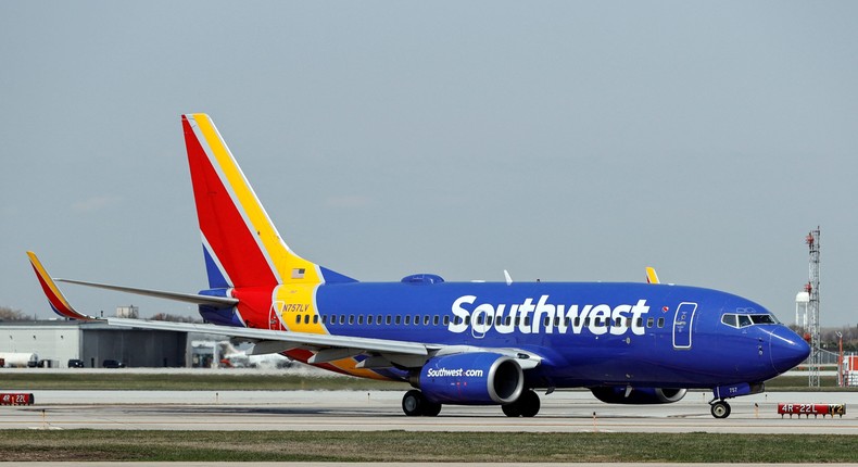 A Southwest Airlines Boeing 737-7H4 jet taxis to the gate.