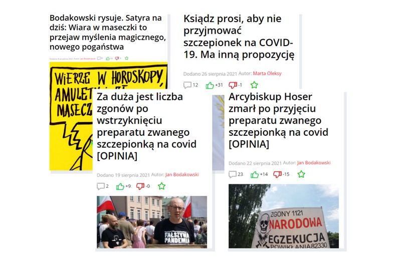 Przykłady treści antyszczepionkowych na portalu Media Narodowe