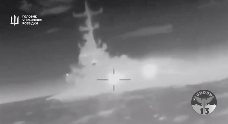 Footage appearing to show a Ukrainian drone boat attacking the Ivanovets, a Russian warship.Screengrab via the Main Directorate of Intelligence of the Ministry of Defense of Ukraine