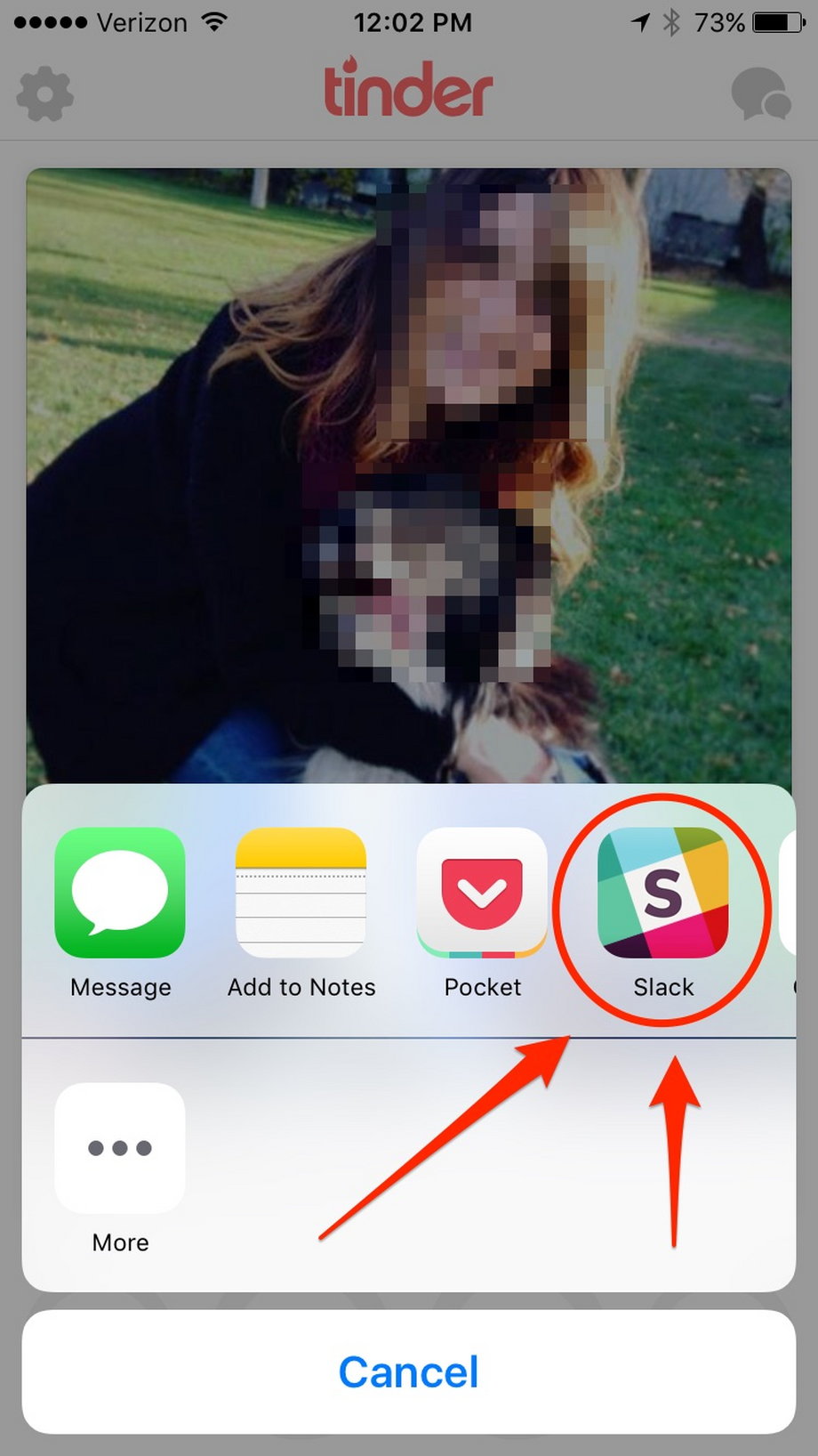 When you click it, you see a list of apps you can share to, including Slack. You can also share through text message.