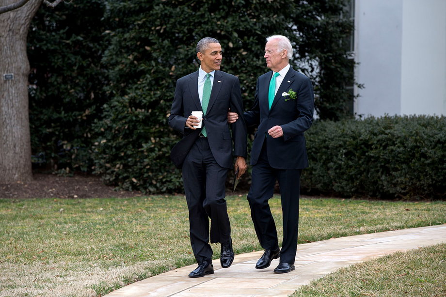 Obama and Biden walk to the motorcade on the South Lawn of the White House for departure en route to the US Capitol for a St. Patrick's Day lunch.