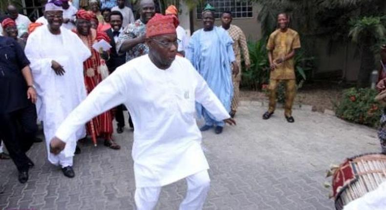 Former president, OlusegunObasanjo dances during birthday celebration on March 5, 2016