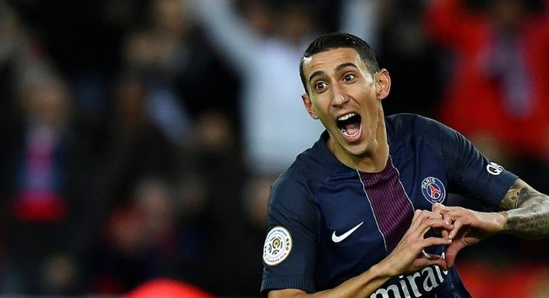 Paris Saint-Germain's Argentinian forward Angel Di Maria celebrates his goal during their match against Nantes on November 19, 2016