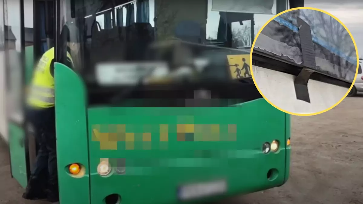 ITD skontrolowała autobus szkolny, w którym szyby były przyklejone taśmą klejącą (screen: Inspekcja Transportu Drogowego/YouTube)
