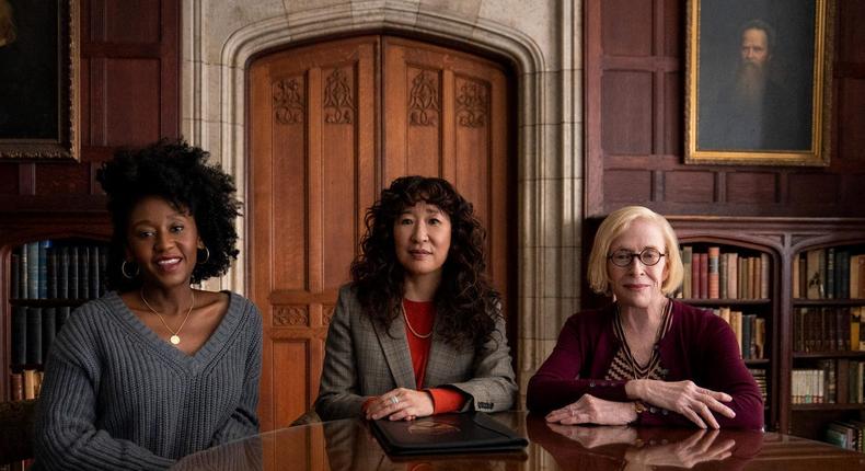 From left: Nana Mensah, Sandra Oh, and Holland Taylor in Netflix's The Chair.
