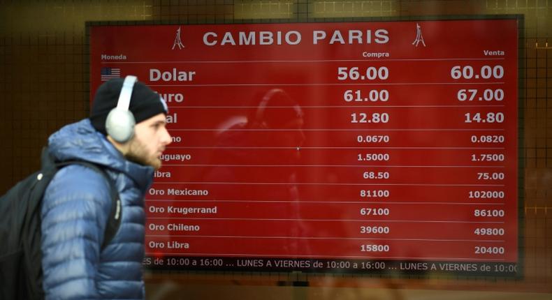 Currency exchange values are displayed on the buy-sell board of a bureau de exchange in Buenos Aires, on August 13, 2019, after the peso plunged in value: it halted its slide on Thursday