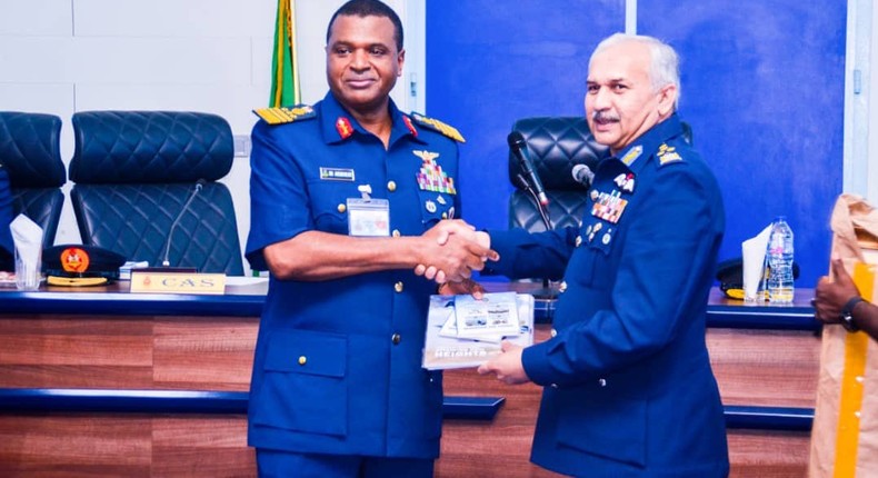 Air Chief Marshal Mujahid Khan, the Chief of the Air Staff of Pakistan (Left) and his Nigerian counterpart, Air Chief Marshal Sadiq (Right) during the former's visit to the Nigerian Air Force [Twitter/@NigAirForce]