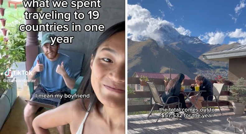 Claire Zhu and Peter Ovendorf said they spent $48,256 traveling the world for a year.TikTok;@claireandpeter