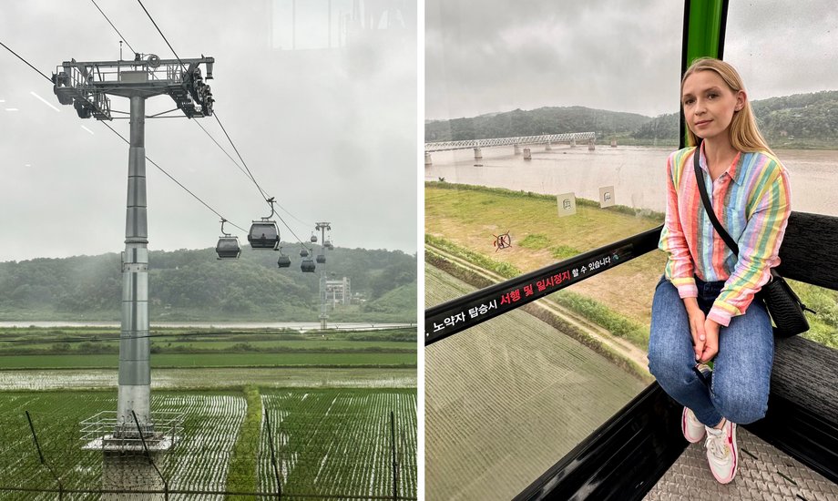 Gondola przewozi turystów nad terenem zamkniętym — na drugą stronę rzeki