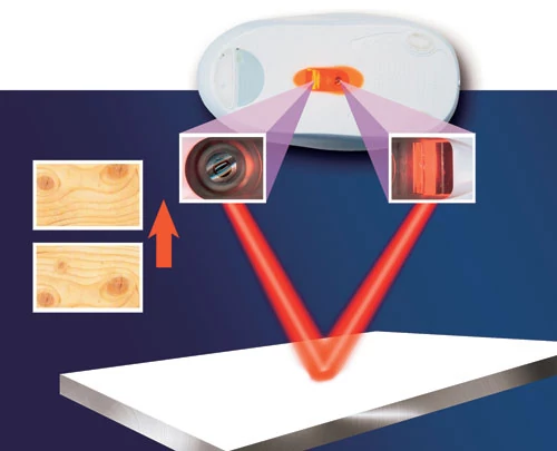 Tak działają myszy optyczne i laserowe - myszy diodowe i laserowe oświetlają powierzchnię, po której mysz się porusza, a matryca rejestruje odbicia światła. Miniprocesor z różnic pomiędzy zarejestrowanymi po sobie obrazami oblicza kierunek i szybkość ruchu myszy. Na przedstawionym obok schemacie mysz porusza się w górę