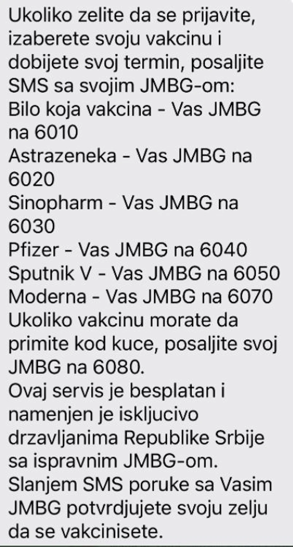 Putem SMS-a se može i zakazati vakcinacija