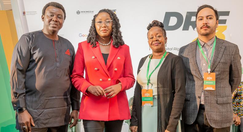 Mr. 'Gbenga Sesan, Namibia Deputy Minister for Information Ms. Emma Inamutila Theofelus, Ms. Grace Githaiga and  Mr. Vladimir Garay at DRIF23 launch.