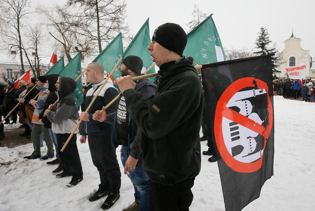 Demonstracja antyimigrancka, zorganizowana przez Ruch Narodowy, Stowarzyszenie Rodzin "Polska Pamięć i Tożsamość" i ONR odbyła się, 24 bm. w Górze Kalwarii. PAP/Paweł Supernak