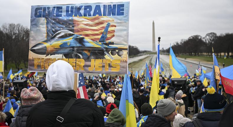 People gather to demonstrate in solidarity with Ukraine in front of the Lincoln Memorial in Washington, DC.Celal Gunes/Anadolu Agency via Getty Images