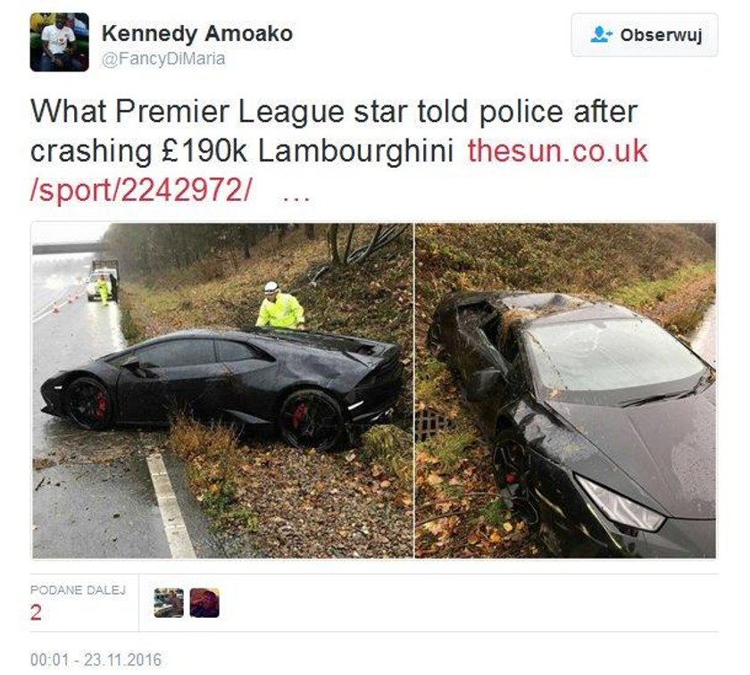 Jeffrey Schlupp rozbił Lamborghini za prawie milion i zadziwił policję