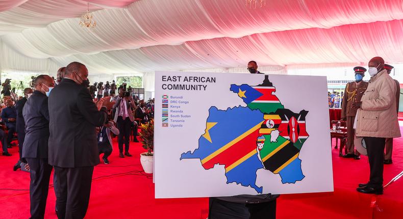 The new East Africa Community map comprising Democratic Republic of Congo, the bloc's newly admitted Member State/Photo by @StateHouseKenya/Kenya
