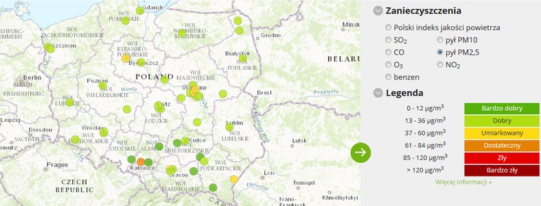 Stężenie pyłu PM 2,5 - dane pomiarowe zebrane między 8.00 a 9.00