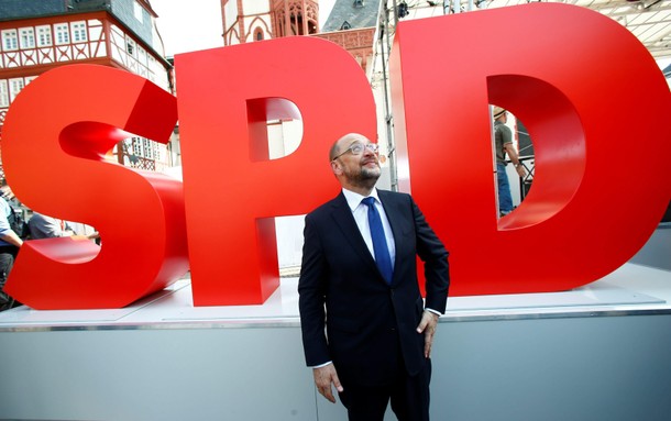 A badge of Germany's Social Democratic Party SPD candidate for chancellor Martin Schulz is seen at a