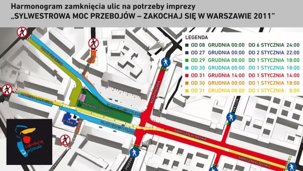 Sylwester w Warszawie - mapa utrudnień