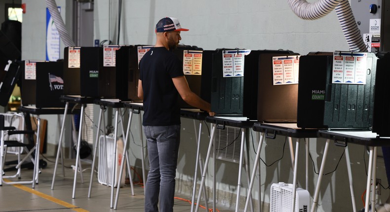 A Florida poll worker preparing a voting booth ahead of the state's March 2024 primary.Joe Raedle/Getty Images