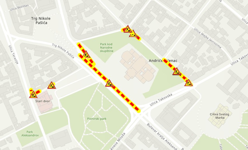 Mapa zatvorenih centralnih ulica u Beogradu