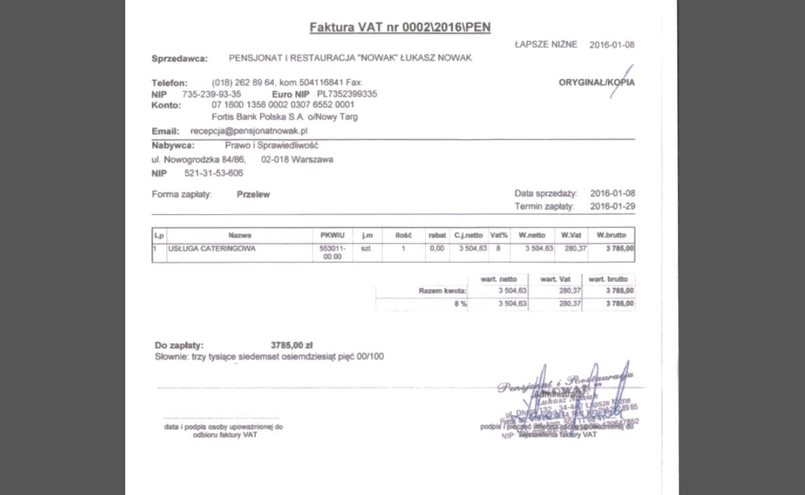 Faktura za koszty związane ze spotkaniem Jarosława Kaczyńskiego z Viktorem Orbanem (źródło: siecobywatelska.pl)