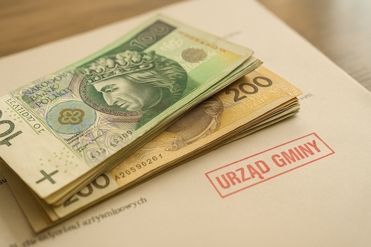 Banknoty 100 i 200 zł leżące na dokumentach urzędowych z pieczątką „Urząd Gminy” – ilustracja artykułu o nowych pensjach wójtów, burmistrzów i urzędników samorządowych 2026