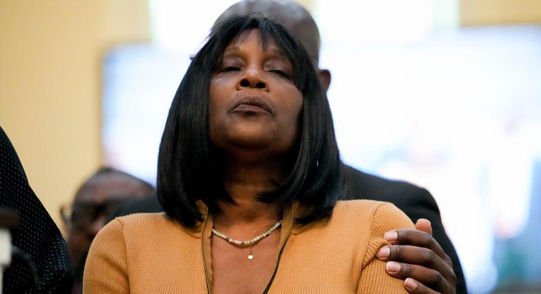 RowVaughn Wells, mother of Tyre Nichols, who died after being beaten by Memphis police officers, is comforted at a news conference with civil rights Attorney Ben Crump in Memphis, Tenn., Friday, Jan. 27, 2023.AP Photo/Gerald Herbert