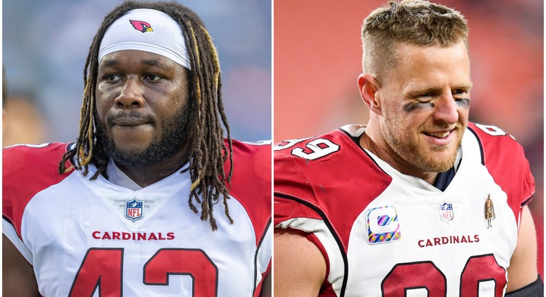 Arizona Cardinals linebacker Jesse Luketa at a preseason game against the Tennessee Titans on August 27, 2022, in Nashville, Tennessee; Arizona Cardinals defensive end JJ Watt at a game against the Cleveland Browns on October 17, 2021, in Cleveland, Ohio.Wesley Hitt/Getty Images; Nick Cammett/Diamond Images via Getty Images