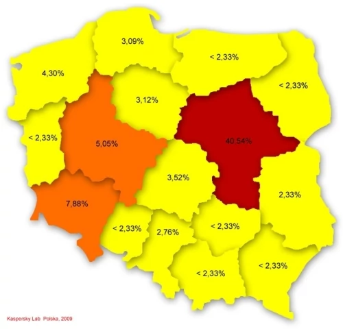 Poziom infekcji w poszczególnych województwach: poniżej 5% - kolor żółty; między 5,01% a 20% - kolor pomarańczowy; między 20,01% a 30% - kolor czerwony; powyżej 30% - kolor bordowy