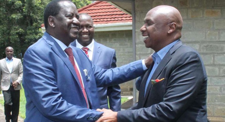 ODM leader Raila Odinga (left) is welcomed by Baringo Senator Gideon Moi to Kabarak