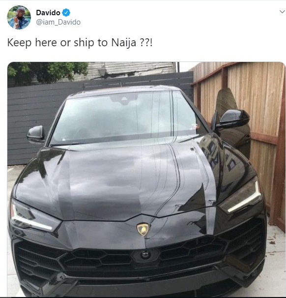 Davido announces the acquisition of his new car, a Lamboghini Urus [ Twitter/iam_davido]