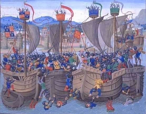 Bitwa pod Sluys na miniaturze z XV-wiecznej kroniki Jeana Froissarta (w domenie publicznej)