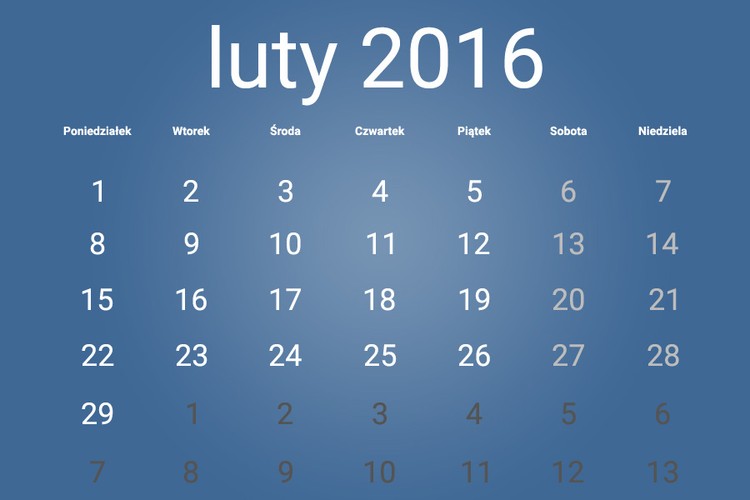 W lutym 2016 nie przypadają żadne dni wolne od pracy